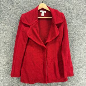 Nine West Cardigan Women L Large Red Wool Knit One Button Collared Long Sleeve